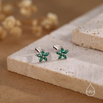 Emerald Green Cz Flower Internally Threaded Flat Back Earrings, 7 of 11