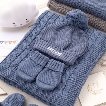 New Baby Boy Blanket, Cardigan, Hat And Mittens Gift Set, 7 of 12