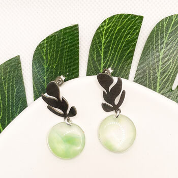 Transparent Light Green Silver Leaf Statement Earrings, 4 of 12