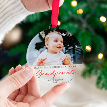 Personalised Christmas Bauble With Photo – First Christmas Grandparents, 4 of 6