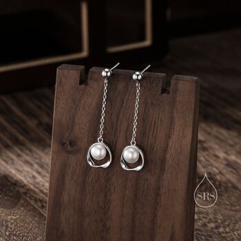 Genuine Pearl And Mobius Circle Long Drop Earrings, 2 of 11