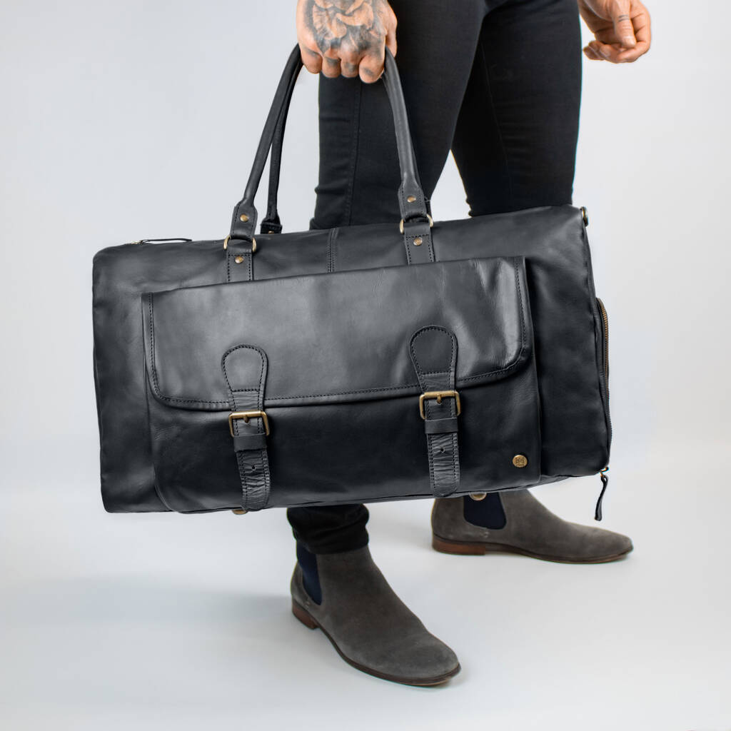 Black Leather Overnight Bag With Shoe Compartment, 1 of 12