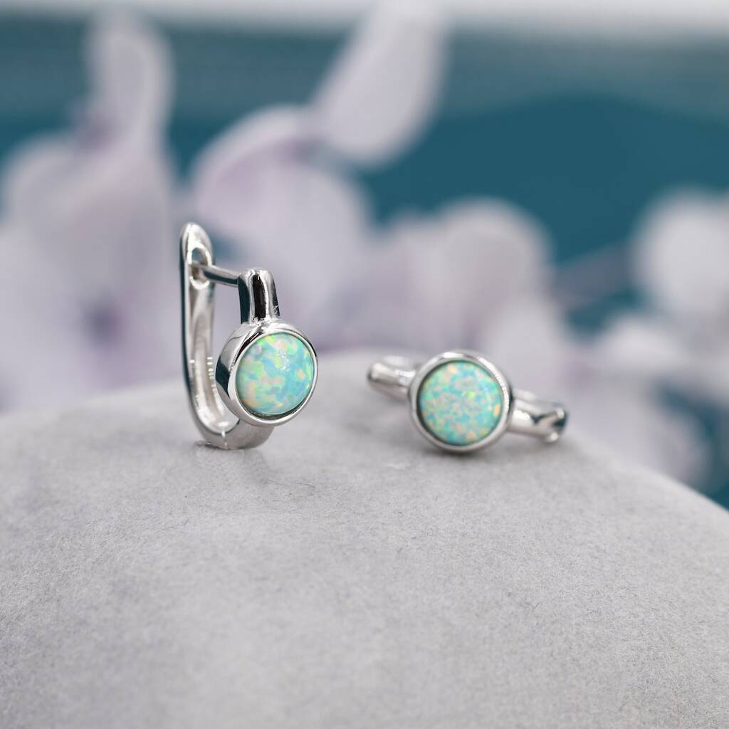 Silver 2024 Green Opal Hoop Earrings