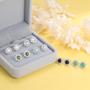Vintage Inspired Green Opal Flower Cz Stud Earrings, 7 of 11