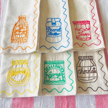 Set Of Six Embroidered Food Preserves Napkins, 2 of 11