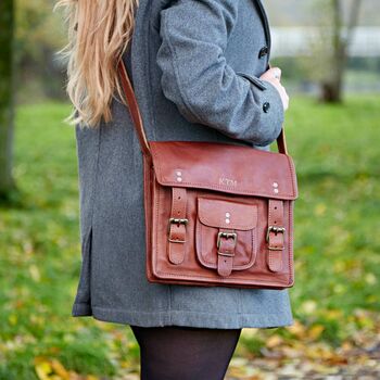 Personalised Vintage Style Brown Leather Satchel Bag, 2 of 9