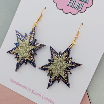 Blue And Gold Double Star Glitter Christmas Resin Earrings, 3 of 4