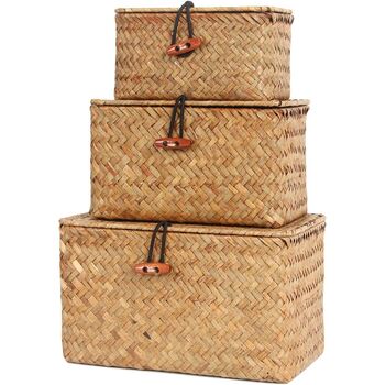 Set Of Three Small Seagrass Box Shelf Baskets With Lids, 5 of 8