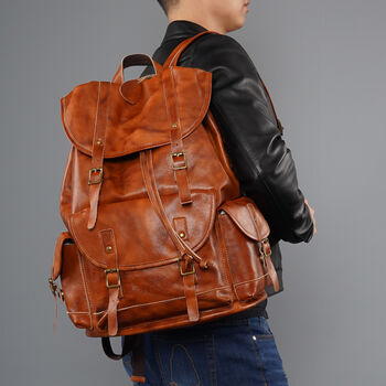Military Style Genuine Leather Backpack In Tan, 6 of 12