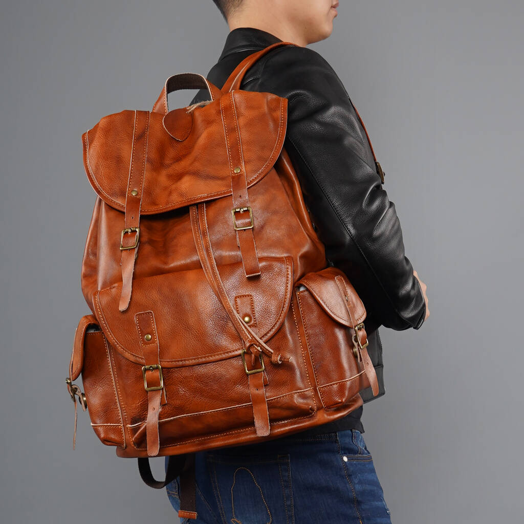 Military Style Genuine Leather Backpack In Tan By EAZO
