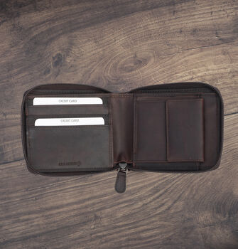 Men's Brown Leather Wallet Zip Around Rugged Leather Rfid Protected, 3 of 7