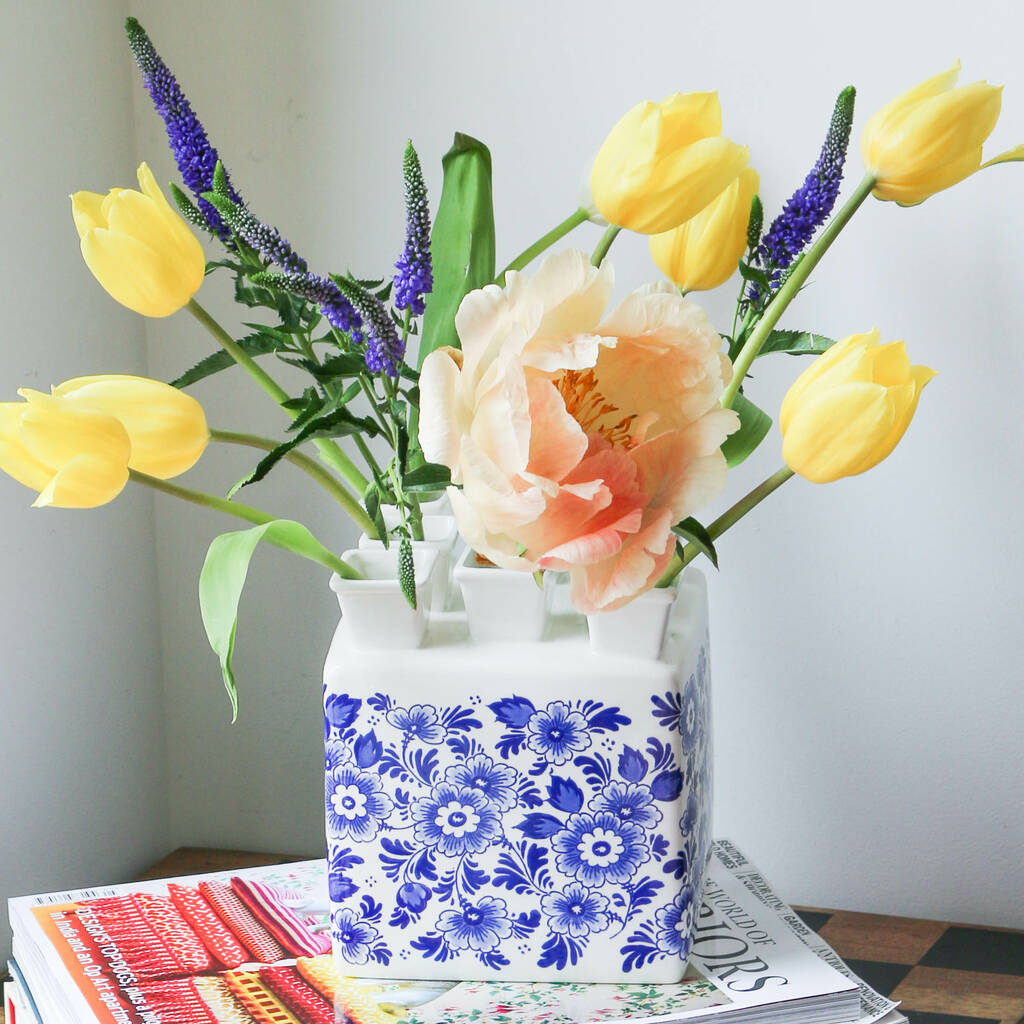 Square Tulip Vase With Blue Flowers By Bonnie and Bell