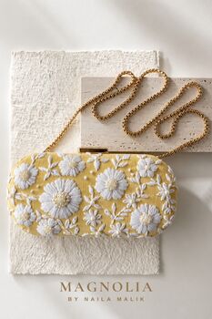 Golden Sunset | Yellow And White Floral Embroidery Clutch, 5 of 9