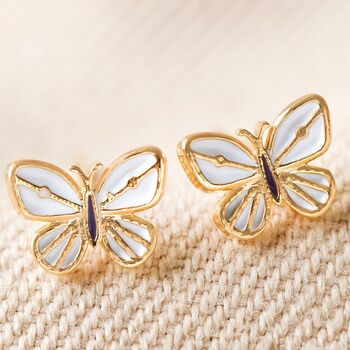 Gold Plated White Enamel Butterfly Stud Earrings, 3 of 4