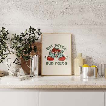 Eat Pasta Run Fasta Wall Print | Retro | Green And Cream, 2 of 3