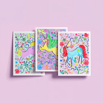 Lilac Unicorn Nursery Print Set – Set Of Two Or Three Whimsical Wall Art Prints, 2 of 12