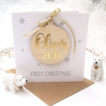 Personalised Babies First Christmas Wooden Bauble Card By The Hummingbird Card Company