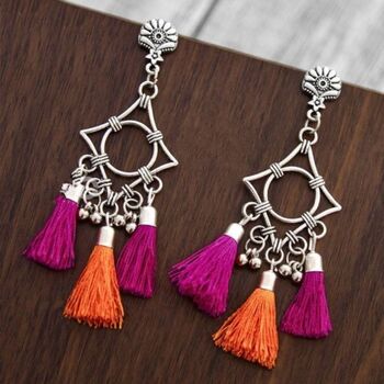 Long Geometric Tassel Pink Orange Dangle Earrings, 3 of 9