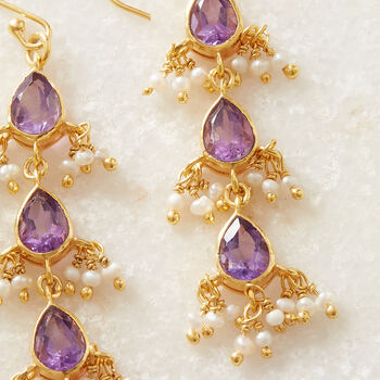 Amethyst Seed Pearl Gold Plated Silver Drop Earrings, 2 of 11