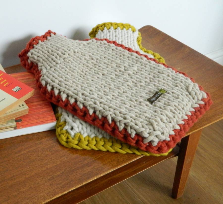 Chunky Knitted Hot Water Bottle Cover With Crochet Trim, 1 of 4