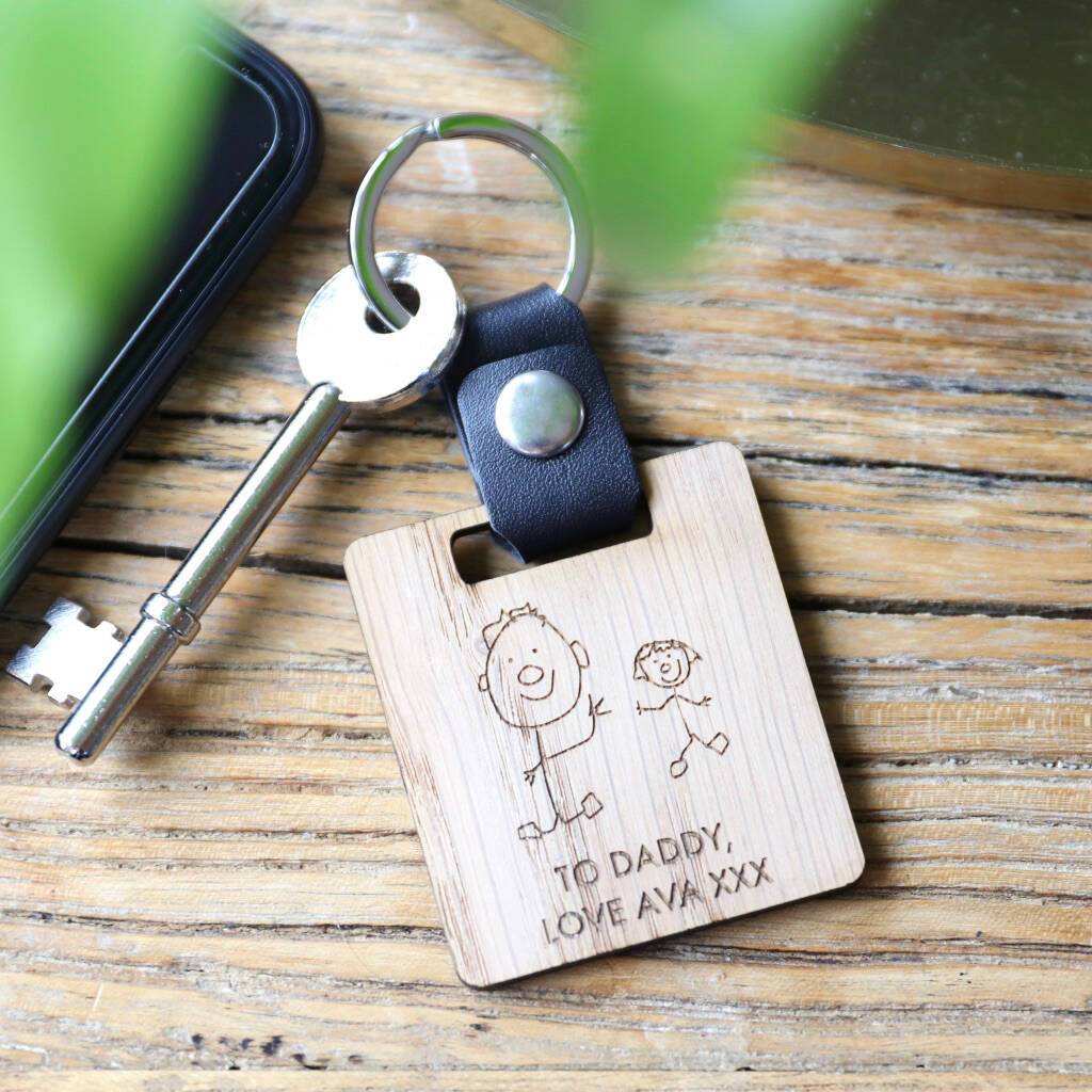 Image of Personalised Wooden Your Drawing Leather Strap Keyring