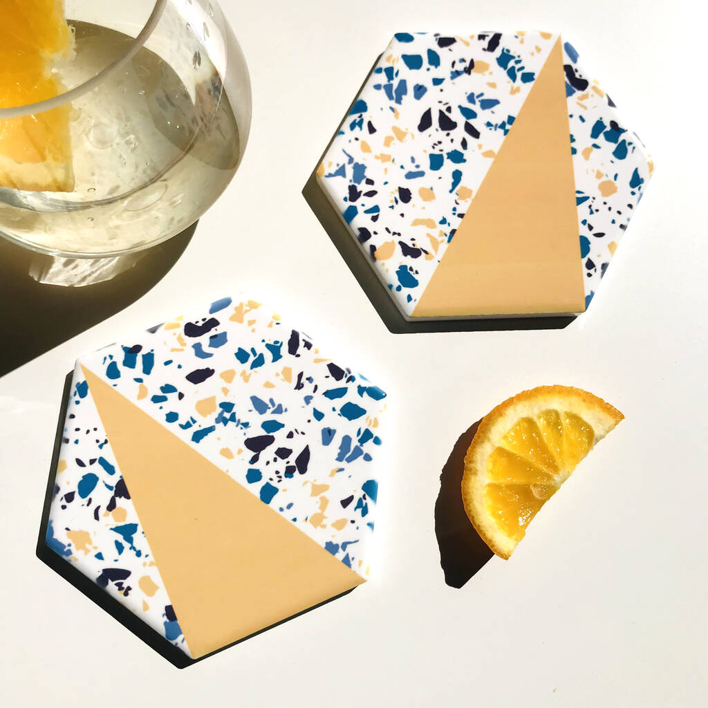 Mustard Teal Hexagon Terrazzo Style Ceramic Coaster Set, 1 of 3