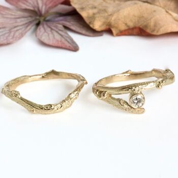 Diamond Organic Twig Solid Gold Engagement And Wedding Ring Set, 5 of 10