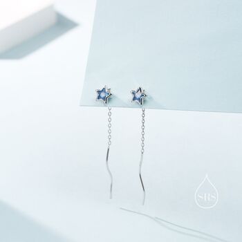 Aquamarine Blue Star Bezel Cz Crystal Threader Earrings, 2 of 10