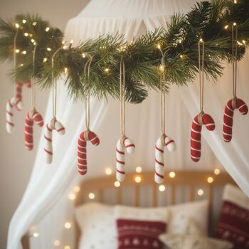 Handmade Felt Candy Cane Set Of Five Decorations, 10 of 11