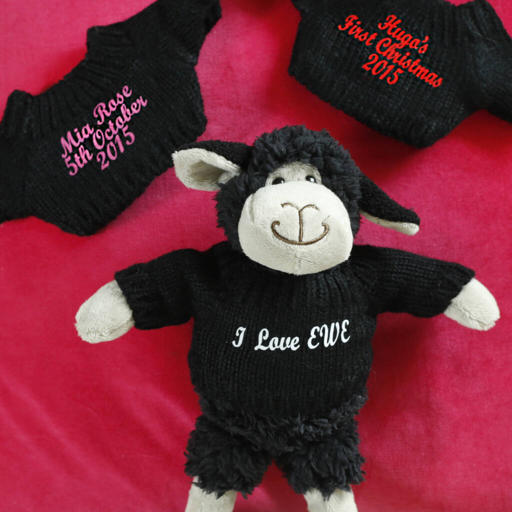 Image of Black Snuggle Sheep With Personalised Jumper, Baby Blue/Blue/Red