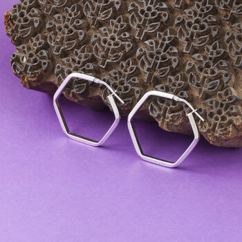 Hexagon Hoop Earrings In Gold Plate Or Silver, 3 of 4