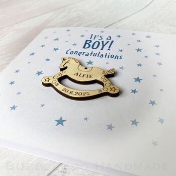 New Baby Congratulation Card. Its A Boy! With A Personalised Wooden Rocking Horse, 3 of 3