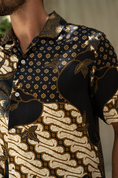 Men's Black Satin Batik Cuban Shirt, 3 of 7