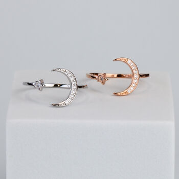 Sterling Silver Crystal Crescent Moon Adjustable Ring, 3 of 6