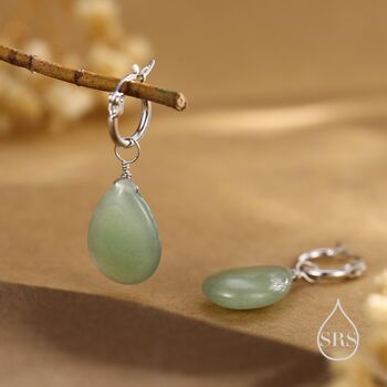Sterling Silver Green Aventurine Jade Droplet Hoop Earrings, 6 of 11