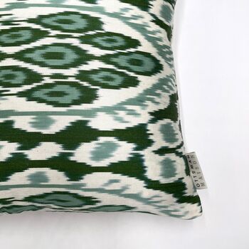 Square Ikat Silk Cushion Forest Green Abstract, 8 of 9