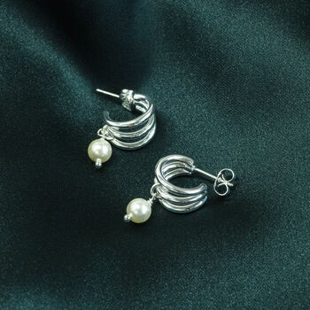 Silver Plated Triple Hoop Pearl Earrings, 4 of 6