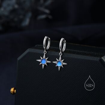Sterling Silver Moonstone Northstar Starburst Huggie Hoop Earrings, 3 of 11