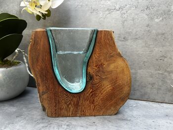 18cm Molten Glass Wedge Vase On Teak Root Flower Holder, 3 of 12