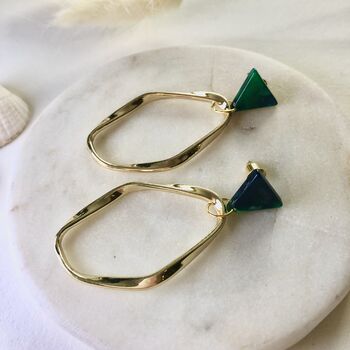 Bottle Green Triangle Gold Hoop Earrings, 2 of 4