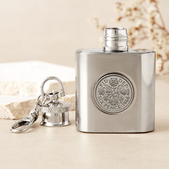60th Birthday 1965 Or 1966 Sixpence Mini Hipflask Keyring, 2 of 6