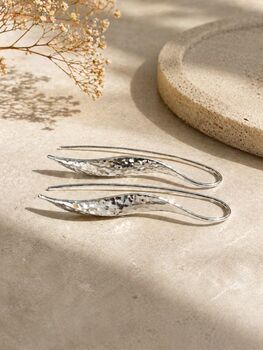 Sterling Silver Hammered Long Wave Drop Earrings, 8 of 10