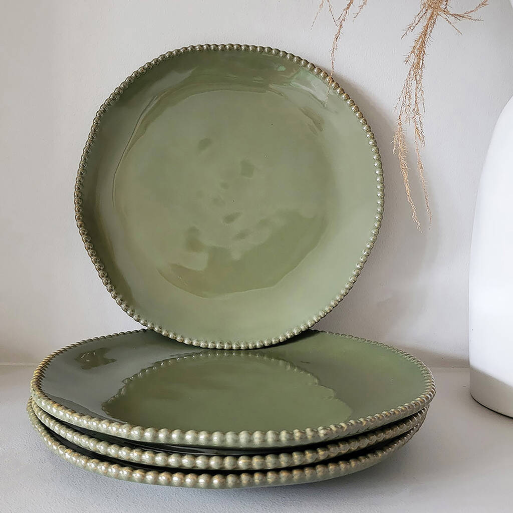 Olive Green Porcelain Beaded Dinner Plates, 1 of 3