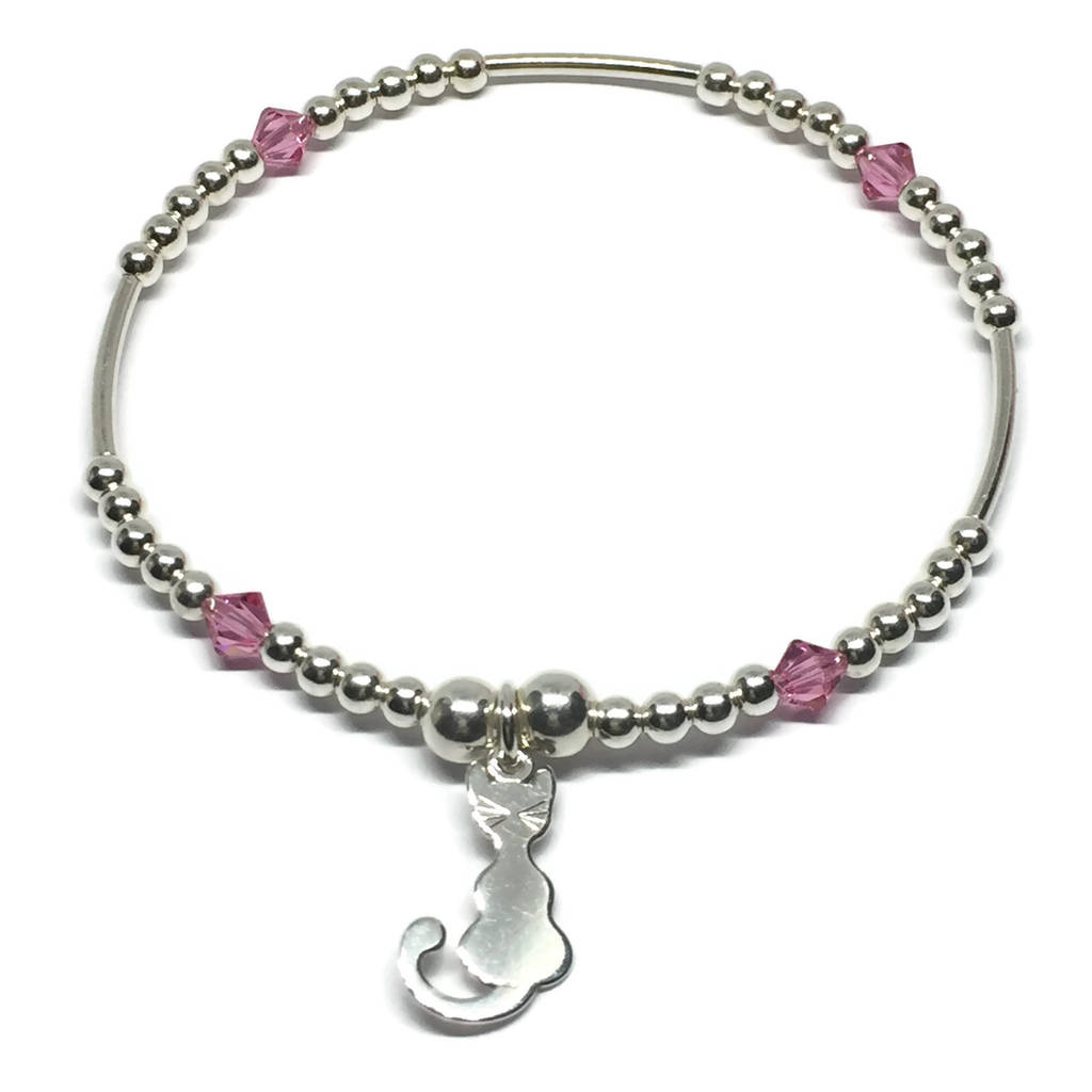 Silver Cat And Pink Swarovski Crystal Charm Bracelet By Flawless Silver Cat And Pink Swarovski Crystal Charm Bracelet