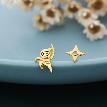 Sterling Silver Mismatched Ninja And Ninja Shuriken Star Stud Earrings, 5 of 12