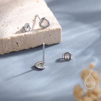 White Opal Heart Screw Back / Flat Back / Stud Earrings In Sterling Silver, 3 of 12