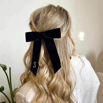 Personalised Velvet Hair Bow With Gold Monogram, 3 of 9