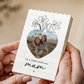 Personalised Heart Photo Block Keepsake With Daffodils, 'Very Special Mum' Mother's Day And Birthday Gift, 12 of 12