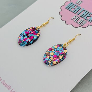 Teal, Pink And Gold Oval Glitter Resin Earrings, 4 of 7