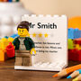 Personalised Teacher Minifig Gift, Custom Lego® Brick Teacher Appreciation Gift With Star Rating And Personalised Message, thumbnail 1 of 11